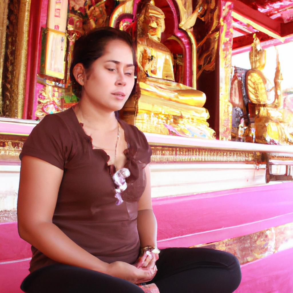 Woman meditating in Thai temple