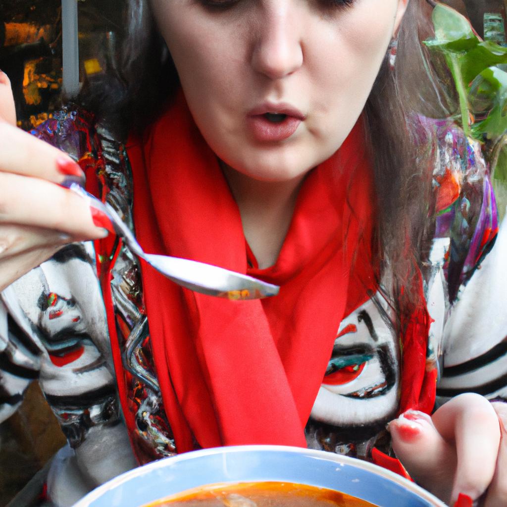Woman eating Tom Yum Soup