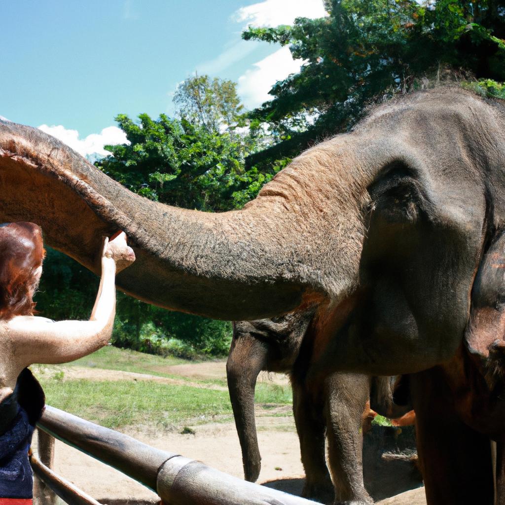 Woman feeding elephants in Thailand