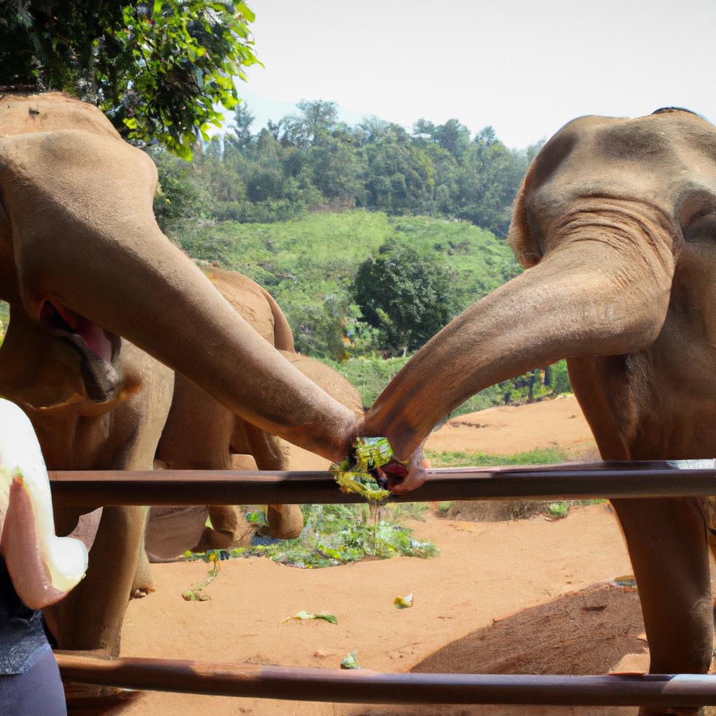 Woman feeding elephants at sanctuary