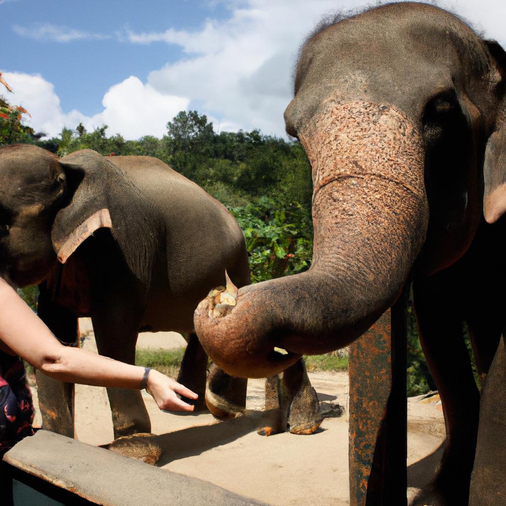 Woman feeding elephants in sanctuary