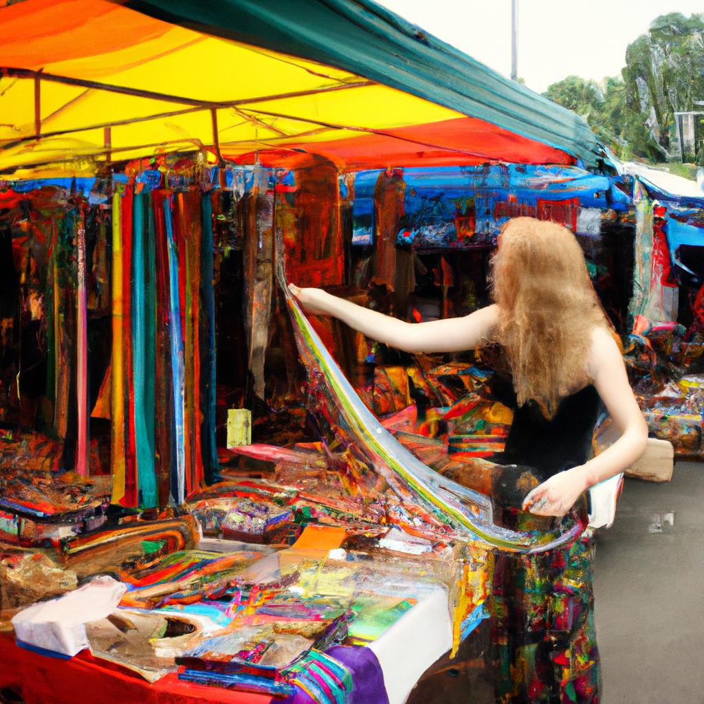 Woman browsing colorful market stalls