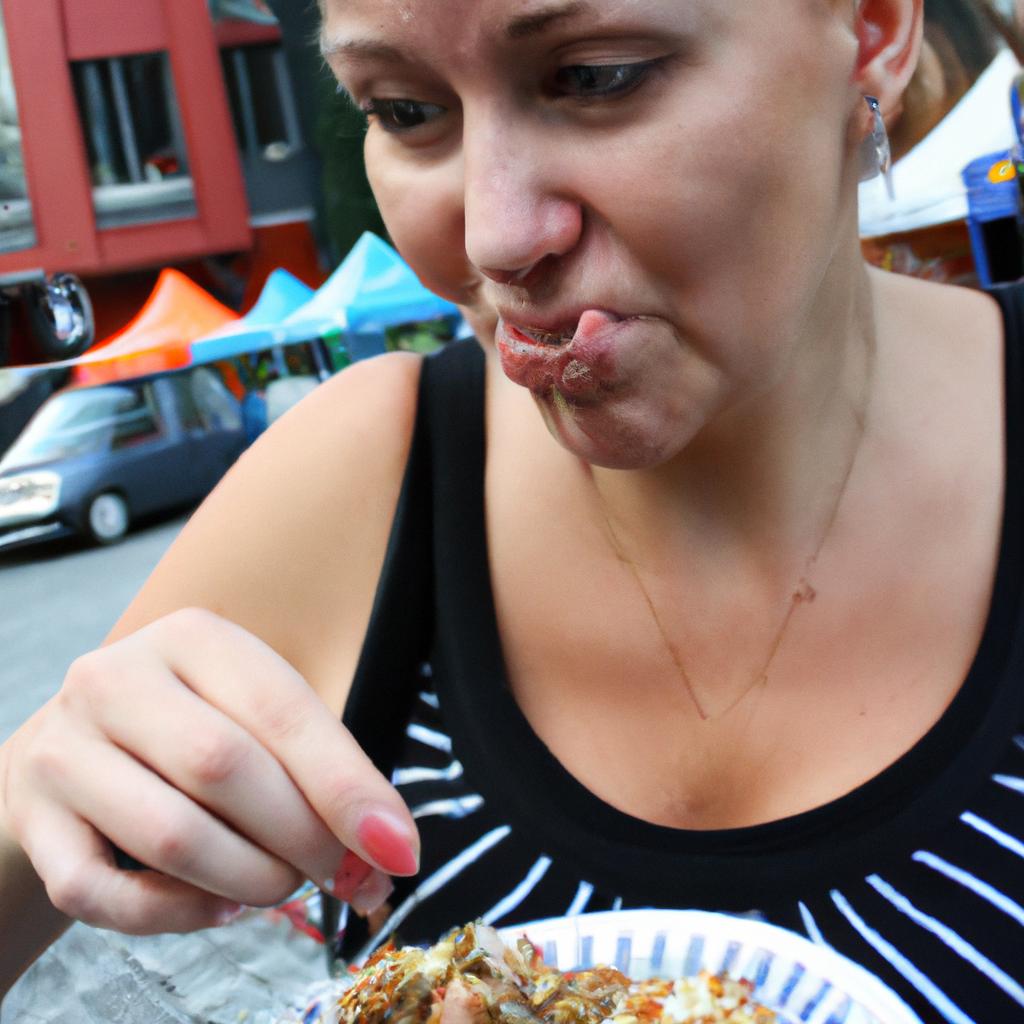 Woman sampling street food delicacies