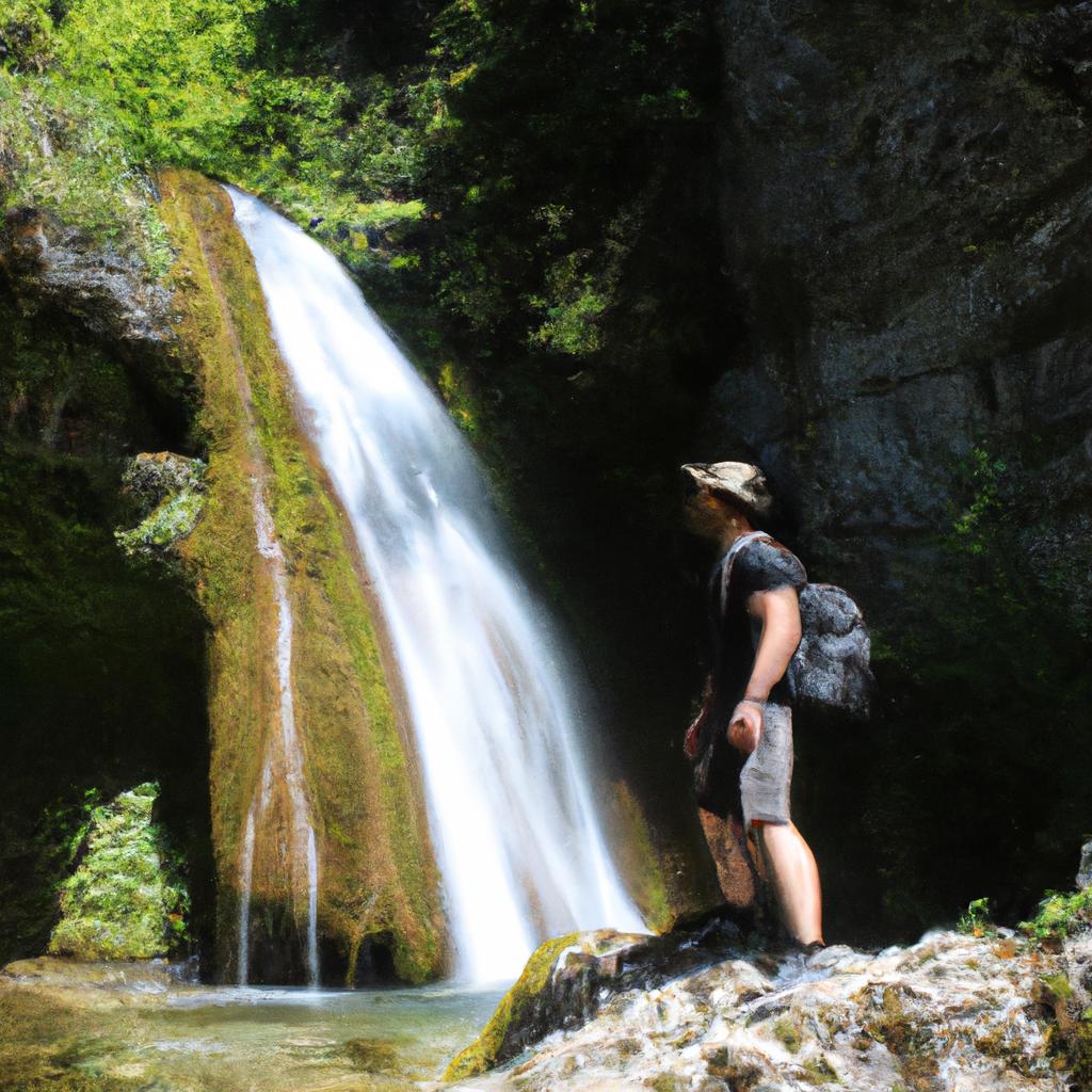 Person hiking near a waterfall